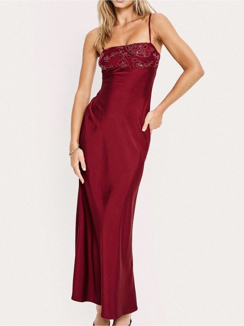 Elegant Burgundy Slip Maxi Dress with Embroidered Bust